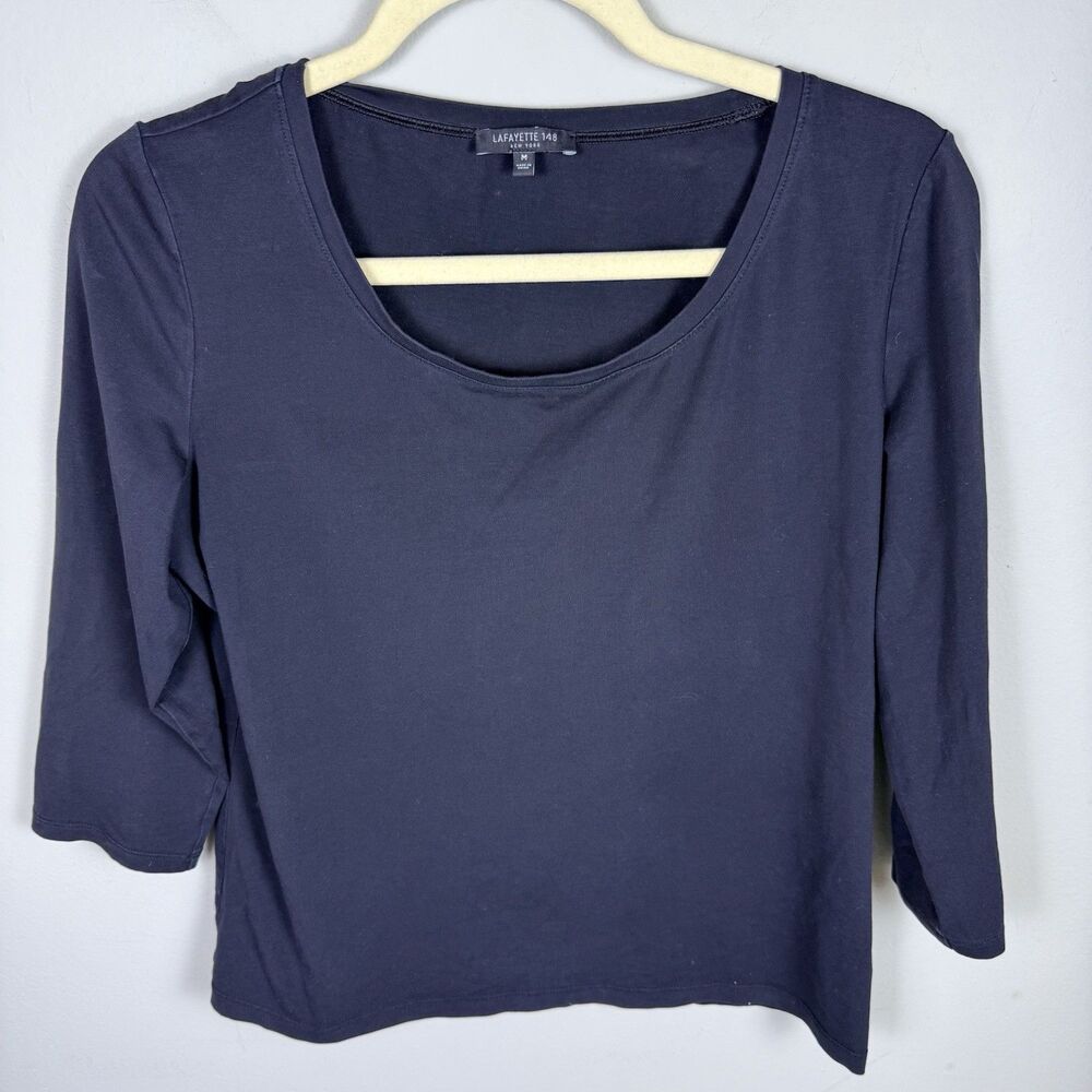 Lafayette 148 New York Womens Black Scoop 3/4 Sleeve Cotton Stretch Top Size M